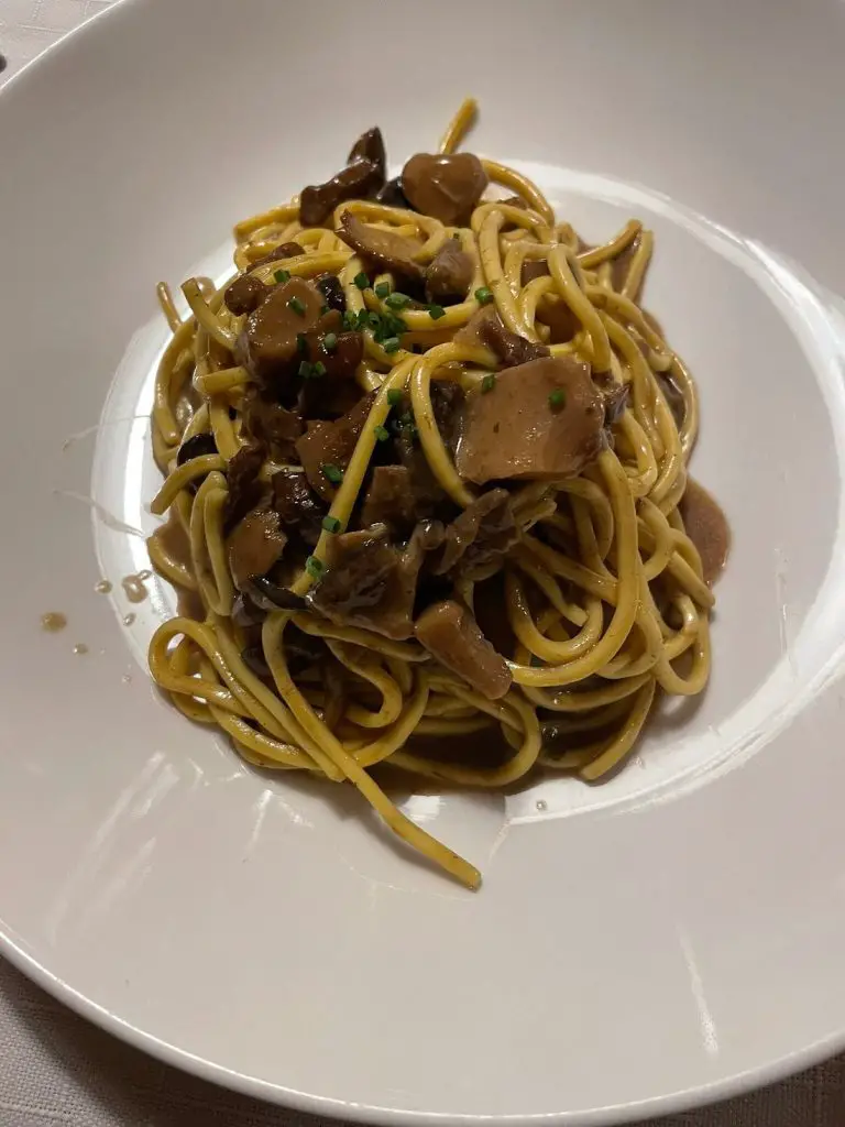 piatto di spaghetti con i funghi al ristorante del rifugio fuciade