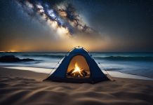 Camping sul mare 2026: Guida Completa per una Vacanza Indimenticabile camping sul mare, tenda sul bagnasciuga nella notte con falò interno