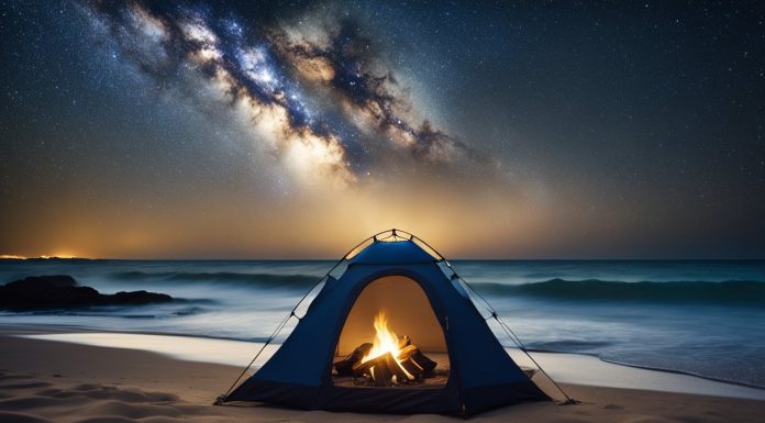 Camping sul mare 2024: Guida Completa per una Vacanza Indimenticabile camping sul mare, tenda sul bagnasciuga nella notte con falò interno