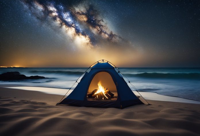 camping sul mare, tenda sul bagnasciuga nella notte con falò interno