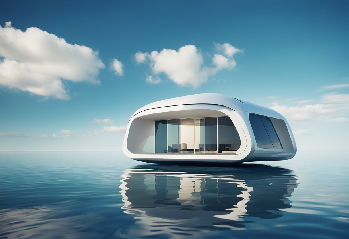 A futuristic floating house with advanced technology and sleek design, surrounded by calm waters and a clear blue sky