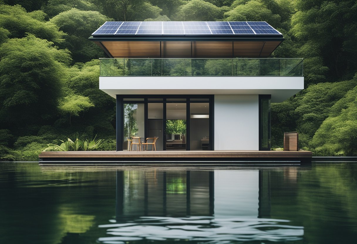 A floating house surrounded by lush greenery, solar panels on the roof, and a water filtration system
