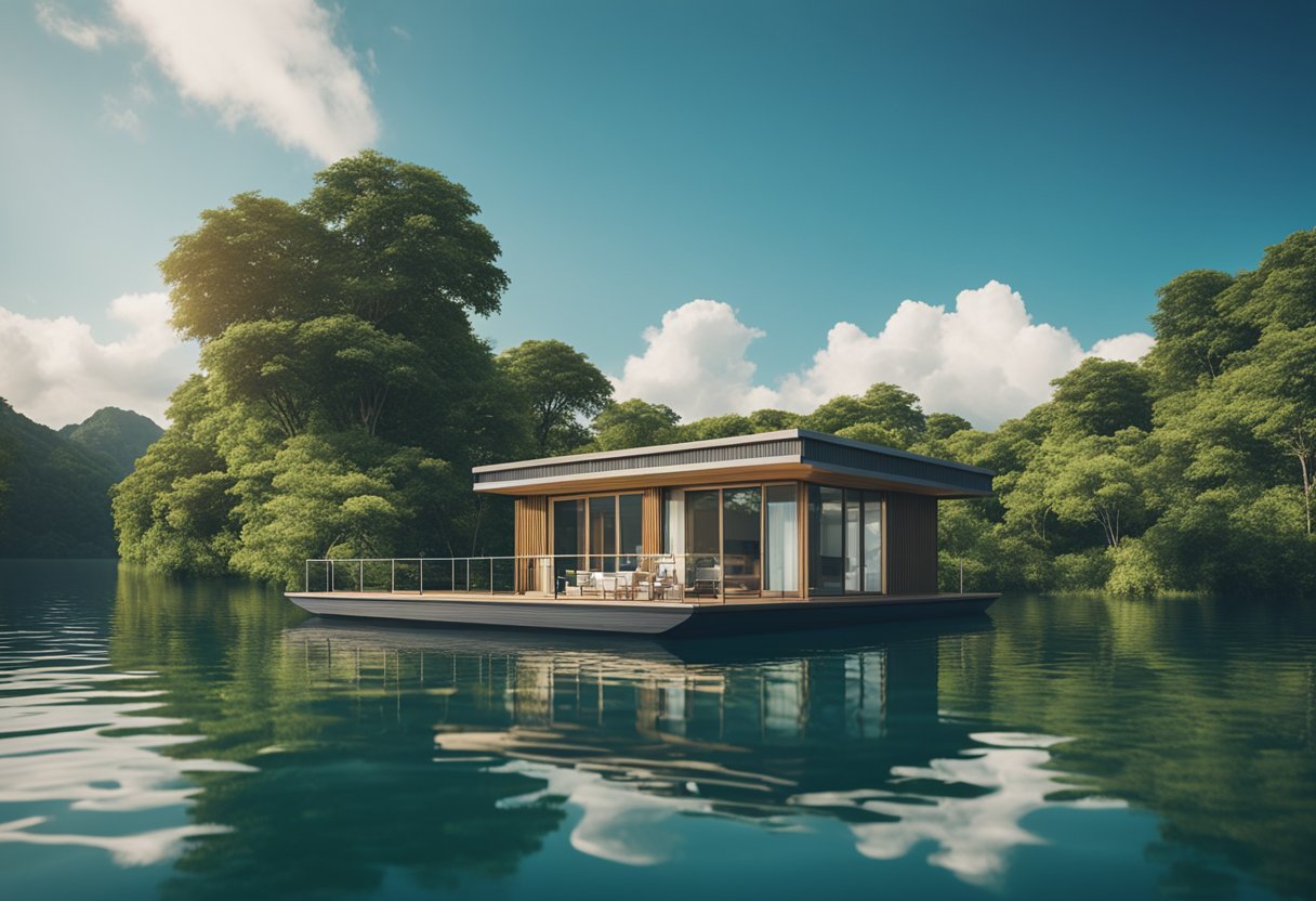A floating house being navigated and maintained on calm water, surrounded by lush greenery and clear blue skies