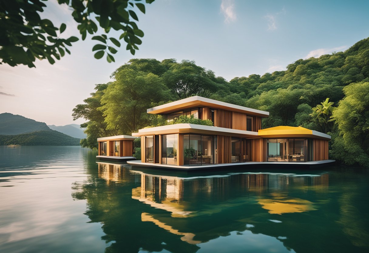 A floating cultural and media house with vibrant colors and a unique architectural design, surrounded by calm waters and lush greenery