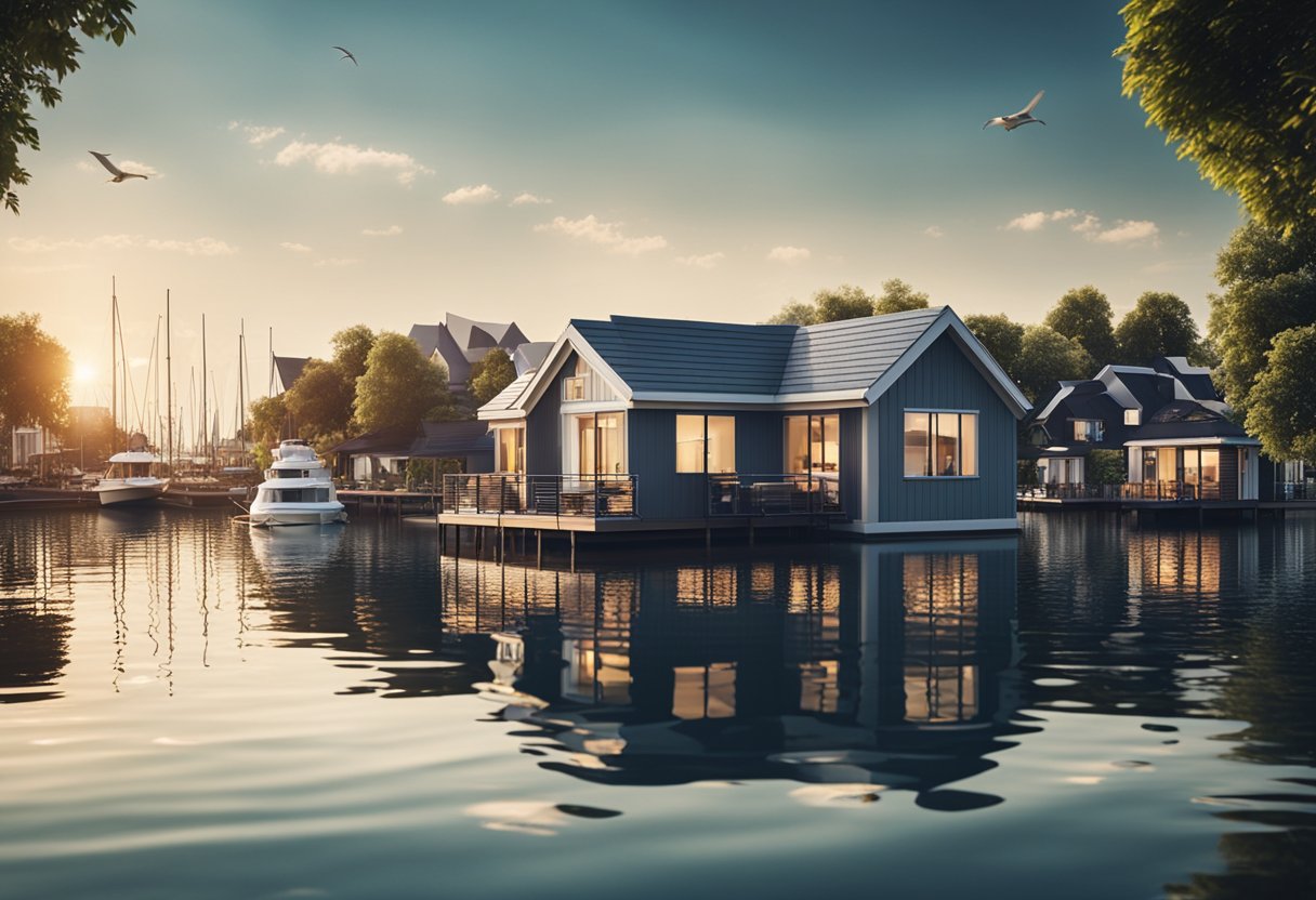 A floating house in a busy real estate market. Water surrounds the unique property, with boats and people bustling around