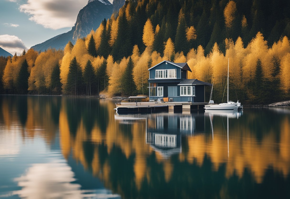 A floating house on calm waters with a backdrop of picturesque scenery and a boat docked nearby