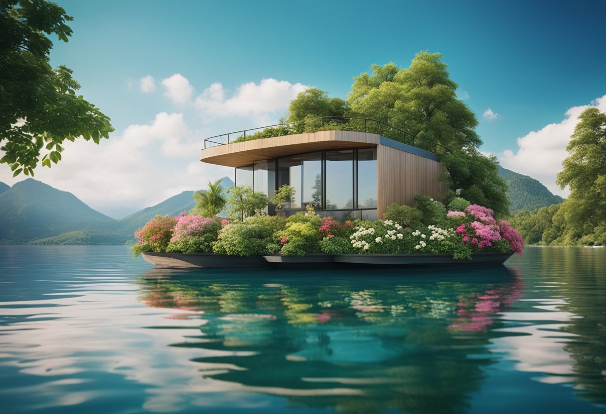 una casa galleggiante circondata da fiori