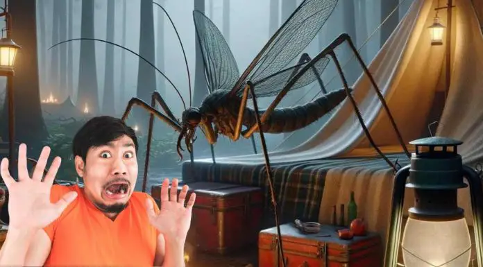 Come Allontanare Le Zanzare In Campeggio: 8 Consigli Efficaci Per Una Vacanza Serena come allontanare le zanzare, persona che ha paura di una zanzara gigante in un campeggio