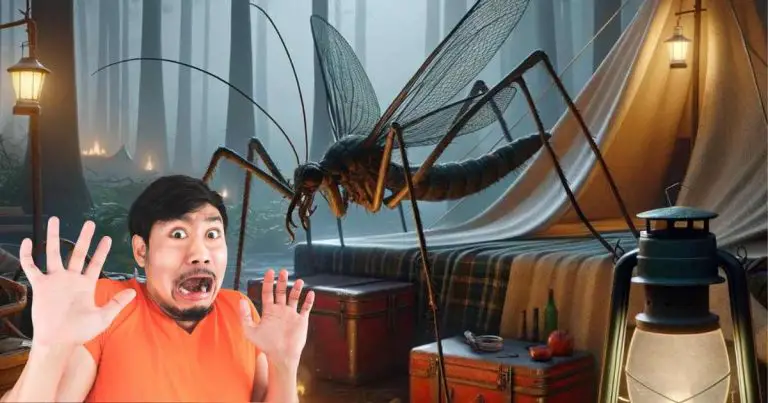 come allontanare le zanzare, persona che ha paura di una zanzara gigante in un campeggio