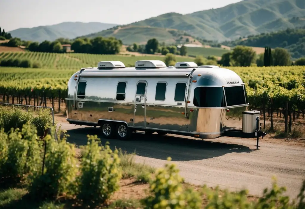 Roulotte Airstream parcheggiata in una pittoresca campagna italiana. Colline ondulate, vigneti e un grazioso villaggio sullo sfondo. Cielo azzurro e atmosfera tranquilla.