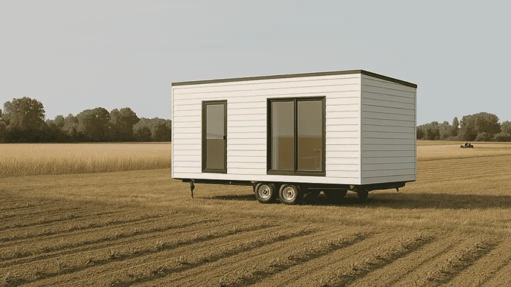 una casa mobile su terreno agricolo è parcheggiata in mezzo alla campagna