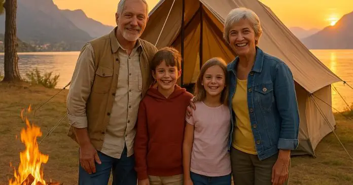 gramping vacanze nonni e nipoti con una tenda e un falò